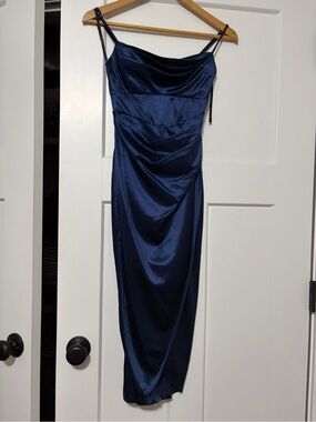 dark blue navy satin formal windsor dress with leg slit